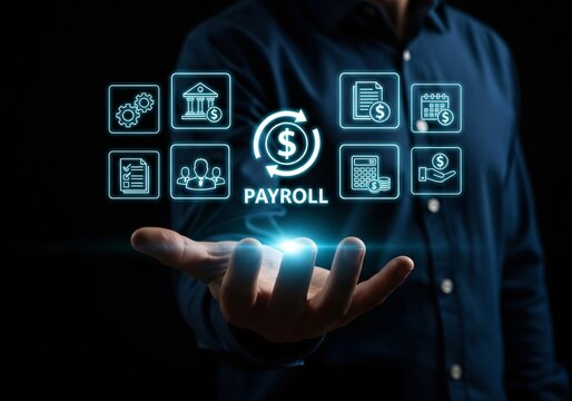 Payroll Management and Salary Processing System. Businesswoman calculates payroll, with icons representing employee salaries management, payment scheduling, efficient payroll, financial documentation,