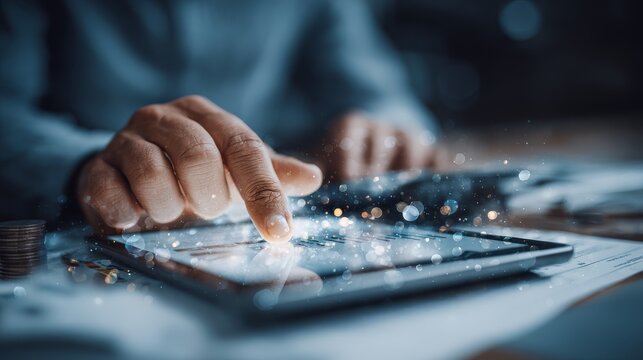 Exploring modern digital finance and investment strategies with a tablet managing personal savings and building wealth through online banking and cryptocurrency coin stacks for future growth.
