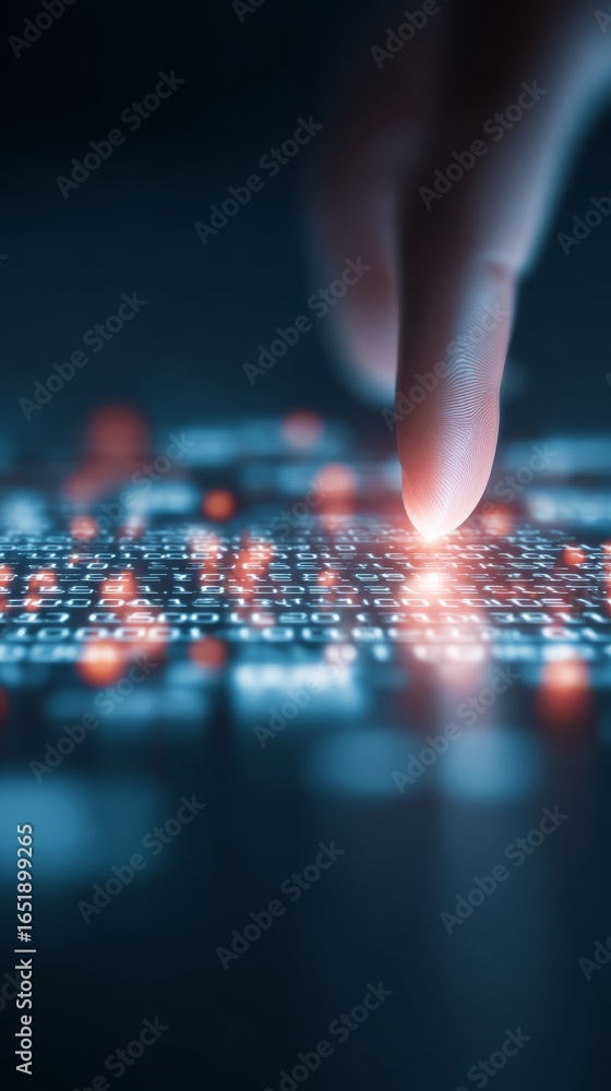 Poster close up detailed view of a single finger pressing a key on a modern computer keyboard illustrating 