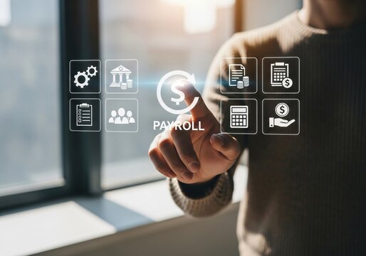 Payroll Management and Salary Processing System. Businesswoman calculates payroll, with icons representing employee salaries management, payment scheduling, efficient payroll, financial documentation,