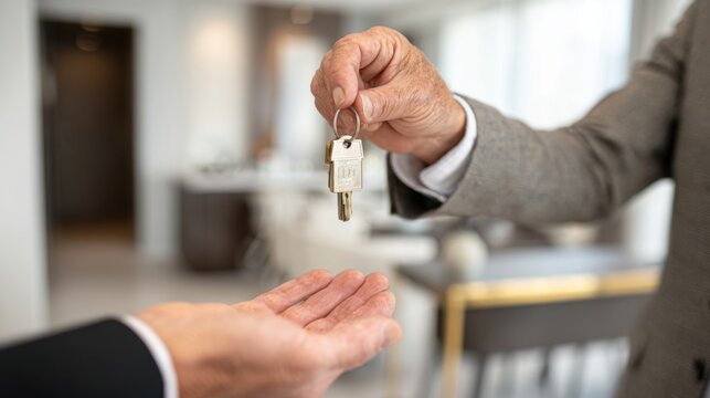Business person handing over keys to new owner in modern office