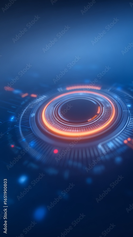 Poster minimalist digital interface design featuring a single glowing circular button with a vibrant lumino