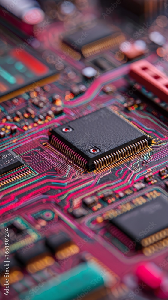 Poster detailed macro photograph of a complex integrated circuit board with intricate pathways and microele