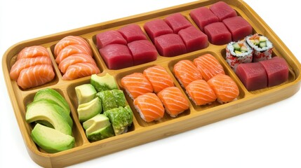 Fresh Sushi Platter with Varieties of Fish and Avocado Displayed