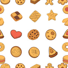 Cookies and biscuits doodle set. Chocolate Chip Cookies doodle seamless pattern. Collection of hand-drawn pastries. Cute cookie seamless pattern background. biscuits pattern background.