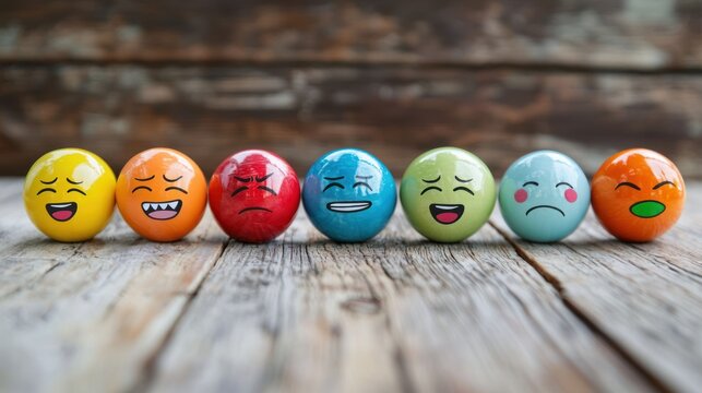 A row of colorful, round, glossy, emoji balls with different facial expressions on a wooden background.
