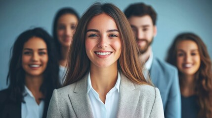 A diverse group of business professionals standing together in a modern office setting.