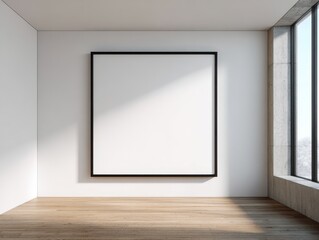 Fototapeta premium Minimalist Aesthetic: Blank Canvas Frame Centered on Wall with Negative Space