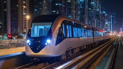 Naklejka premium A modern train travels through a futuristic cityscape at night, illuminated by vibrant lights and surrounded by tall skyscrapers.