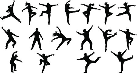 Dance silhouette collection, dancer poses, expressive movement, energetic choreography, performing arts, modern dance, jumping dancers, isolated silhouettes, female dancer figure, stage performance, 