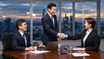 Diverse business professionals celebrate a successful deal in a modern boardroom overlooking a city skyline at sunset.