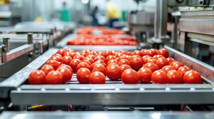 Tomatoes on a conveyor belt in a factory setting.
