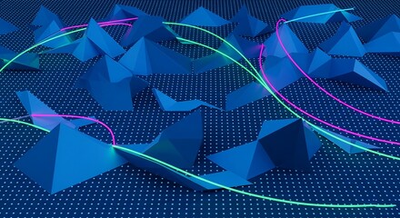 Abstract geometric landscape with neon glowing lines and blue polygons