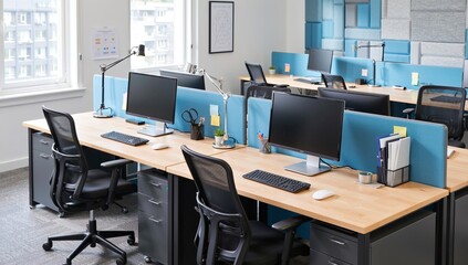 Modern office workstations featuring ergonomic chairs, computers, desk lamps, and acoustic dividers for a productive workspace.