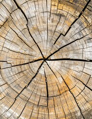 Fototapeta premium Close-up of a tree stump's cross-section, showcasing its concentric rings and radial cracks
