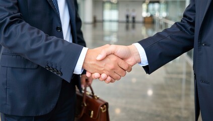 A firm handshake seals the deal between two professionals in a modern office lobby.