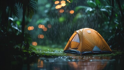 The tent glows warmly against the cool rain, offering peace and tranquility.