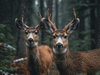 Fototapeta premium Deer in forest wildlife photography two deer looking at camera animal photography forest animals nature photography