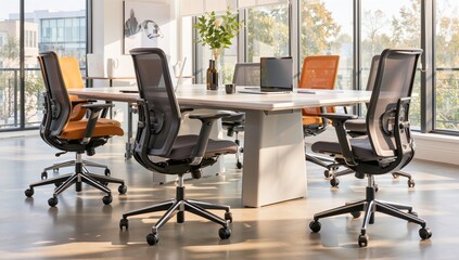 Modern office meeting room with ergonomic chairs and a bright, sunlit atmosphere