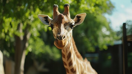 Naklejka premium A giraffe with a blurred background, looking directly at the camera.