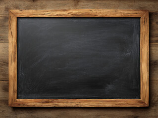Blank chalkboard with wooden frame on wood background for message board menu or presentation 100charact
