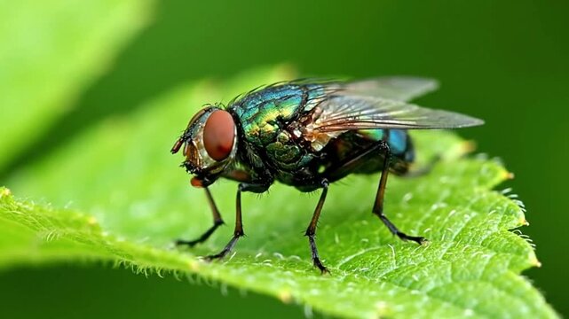 A green blowfly with reddish eyes is perched on a green leaf with serrated edges against a blurred green background