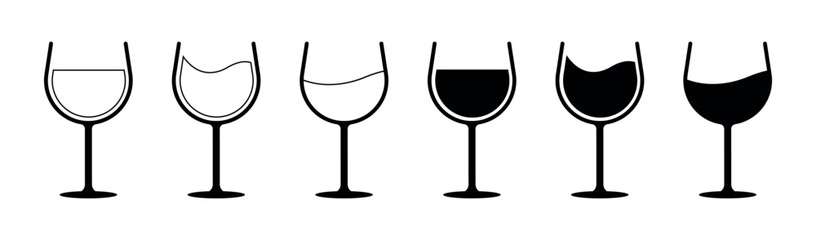 Wine glass vector icons set with different fill levels, half full and empty drink silhouettes, alcohol beverage outline and solid symbol collection for bar, restaurant and party design
