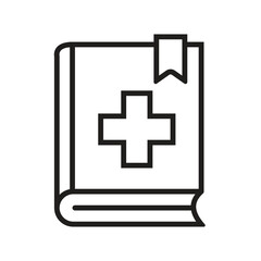 Fototapeta premium Black outline medical book icon with plus symbol and bookmark cross