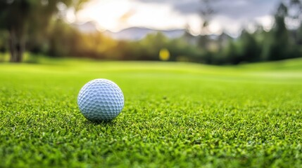 Obraz premium A golf ball on a green grassy field with a mountain range in the background.