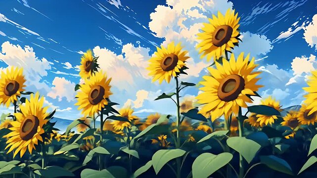 motion anime background of sunflower field with blue sky