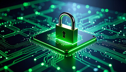 Digital Security Concept with Green Padlock on Circuit Board Background Representing Cybersecurity and Data Protection