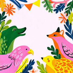 Obraz premium Colorful Whimsical Animal Illustration Cartoon Wildlife Exotics Nature Vibrant Background Festive Rainforest Garden Leafy Branches Birds Fox Pets Blooming Banner Art Deco Playful Spring Fun