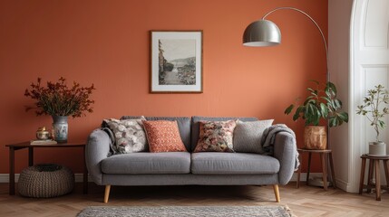 Modern living room with orange wall, curved floor lamp and cozy grey sofa with colorful pillows. Mock up poster frame.