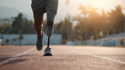 Runner with prosthetic leg training on track during golden hour