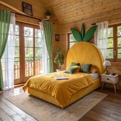 Cozy mango themed bedroom with giant mango headboard, golden yellow bedding, green pillows and rustic decor