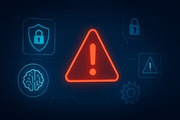 Cybersecurity threat alert with digital warning icons and AI symbols on a futuristic tech background concept for data protection and risk management. 