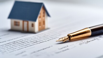 Signing Documents for Home Purchase with Fountain Pen and Model House
