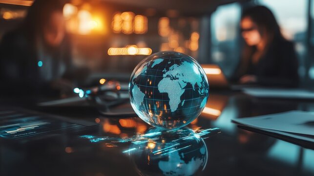 Glass globe on office desk with professionals working in background
