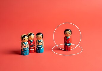 A single traditional Japanese wooden doll is chosen and highlighted, separated from the main group to illustrate the concept of standing out, uniqueness, recruitment, social distancing, or isolation.