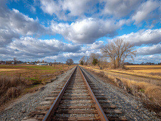 Fototapeta premium Railroad tracks perspective under cloudy sky scenic landscape photography travel destination outdoors