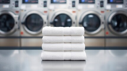 Washing machine drum in a living room Stacked white towels in commercial laundry facility clean folded towels in a hotel.  