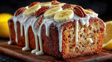 Delicious Fresh Baked Banana Bread with Glaze, Topped with Ripe Banana Slices and Nuts