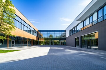 Modern school building exterior with courtyard view
