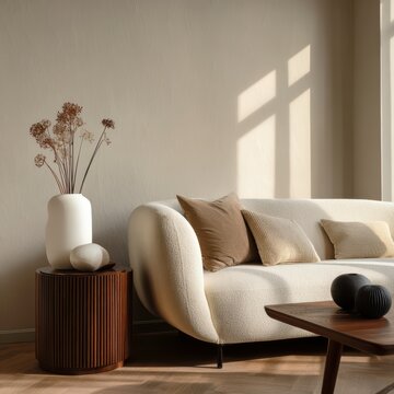 Composici&oacute;n creativa de un elegante y minimalista sal&oacute;n. Sof&aacute; beige moderno, mesa auxiliar de madera oscura y elegantes accesorios personales.