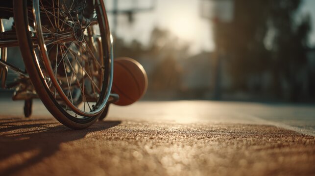 Wheelchair Close-Up on Basketball Court at Sunset with a Ball - Powered by Adobe