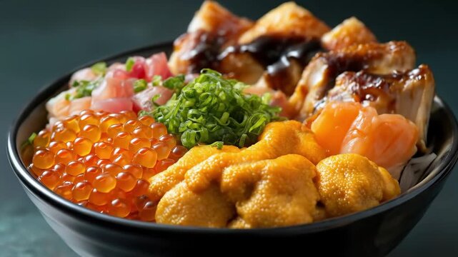 A seafood rice bowl with fresh salmon roe sea urchin green onion assorted sashimi grilled fish eel vibrant colors japanese cuisine gourmet meal appetizing colorful presentation closeup delicious