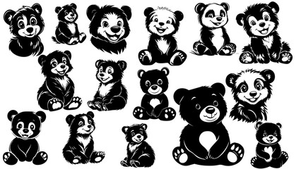 Set of Cute Black and White Bear and Panda Vector Illustrations

