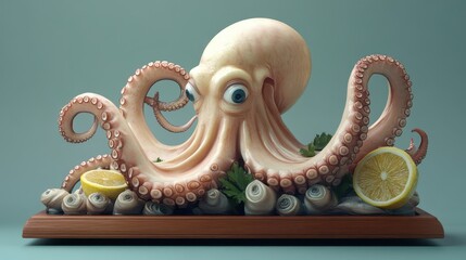 Obraz premium Realistic Octopus Display with Fresh Lemons and Shells on Platter