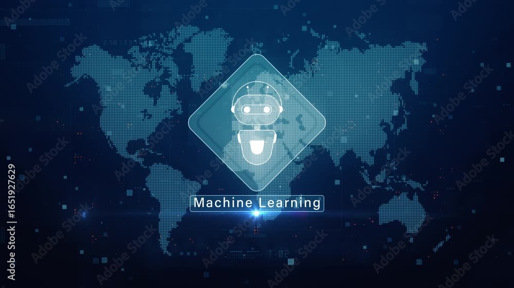 Poster robot icon and machine learning concept on digital world map background, representing artificial int