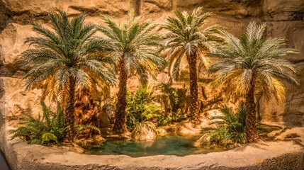 Obraz premium Lush Oasis with Palm Trees and Tranquil Water Feature in Desert Setting